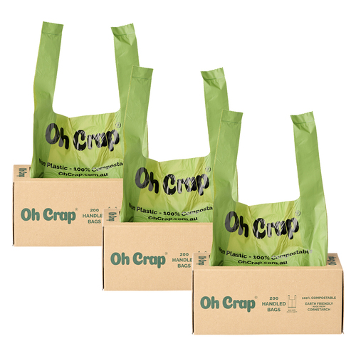 3x 200pc Oh Crap Non-Plastic Compostable Dog Poop Bags With Handles