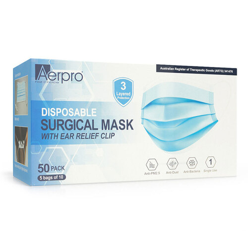 50Pk Aerpro Disposable Surgical Mask With Ear Relief Clip