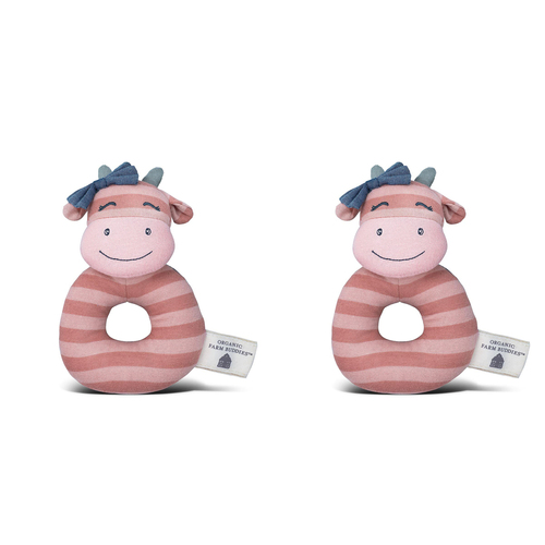 2PK Organic Farm Buddies Cotton 13cm Teething Rattle Miss Moo Baby 0m+