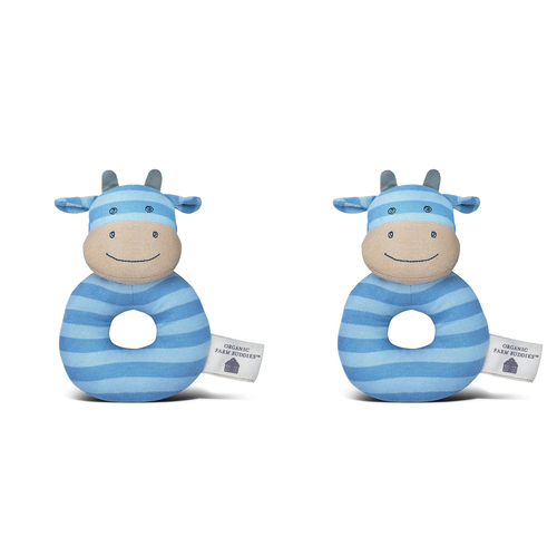2PK Organic Farm Buddies Cotton 13cm Teething Rattle Mr Moo Baby 0m+