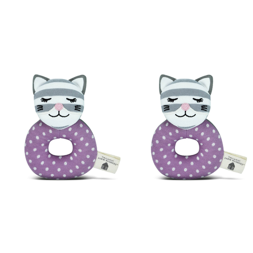 2PK Organic Farm Buddies Cotton 13cm Teething Rattle Maude The Kitty Baby 0m+