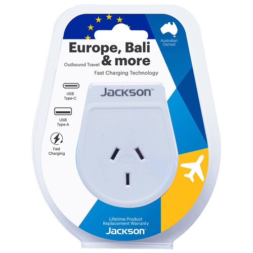 Jackson Outbound Travel Adaptor Europe & Bali w/ USB Type A/C