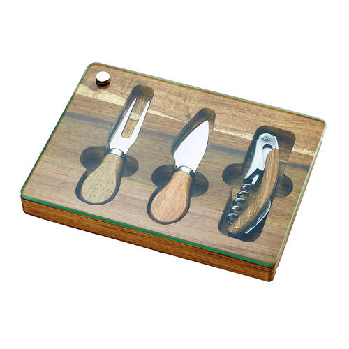 3pc NF Living Cheese Board Gift Set Tray Utensil w/ Handles 21x15cm Solid Brown