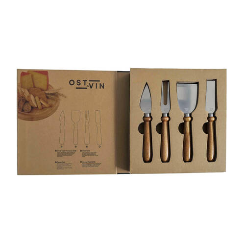 4pc NF Living Cheese Serving Gift Set Knife and Fork 22x21.5cm Solid Brown