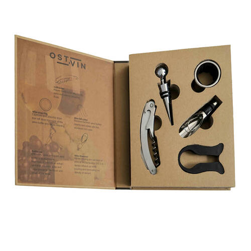NF Living Wine Accessory Set Corkscrew Stopper Pourer 20.5x16.5cm Solid Brown