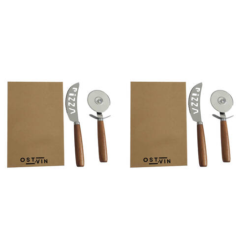 2x 2pc Ost & Vin Pizza Giftset 26x17 Cutter Set Acacia Wood Kitchenware Brown