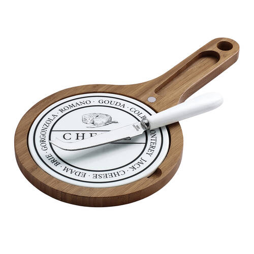 3pc NF Living Acacian Round Set 33.5x18 Cheese Board Wood Ceramic Brown