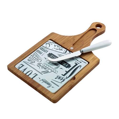3pc NF Living Acacian Square Set 34x19 Cheese Board Wood Ceramic Beige
