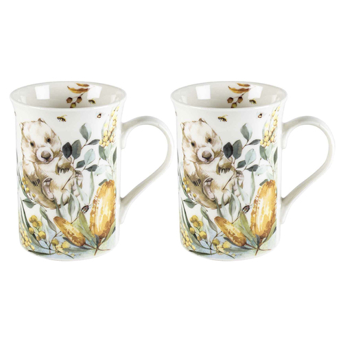 2PK Flora & Fauna Wombat 360ml Ceramic Floral decorated Gift Mug