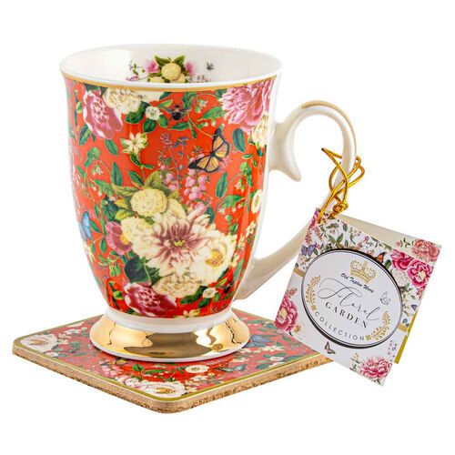 Floral Garden Red Decorative Tea/Coffee Mug & Coaster Set 350ml