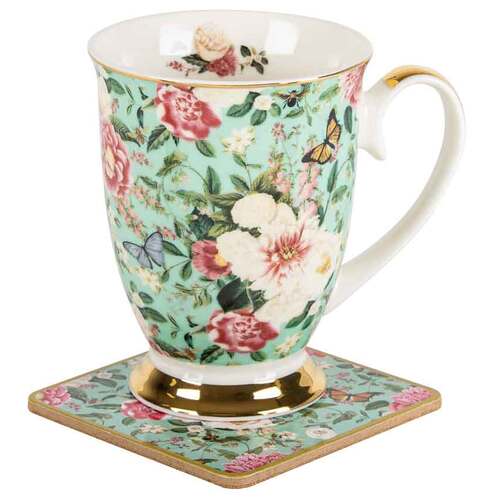 Floral Garden Mint Decorative Tea/Coffee Mug & Coaster Set 350ml