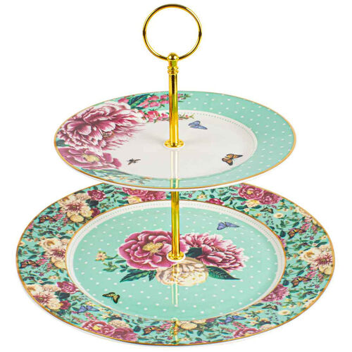 Floral Garden Mint 2 Tier Decorative Ceramic Cake Stand 23H 37W