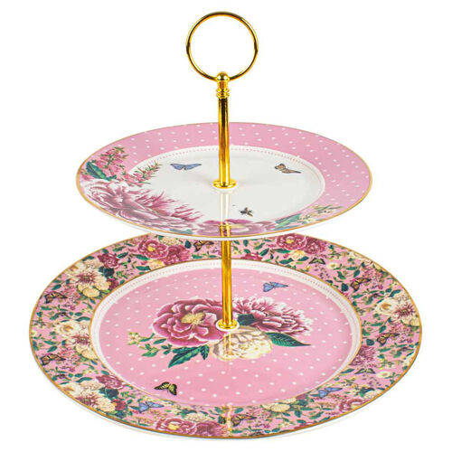 Floral Garden Pink 2 Tier Decorative Ceramic Cake Stand 23H 37W