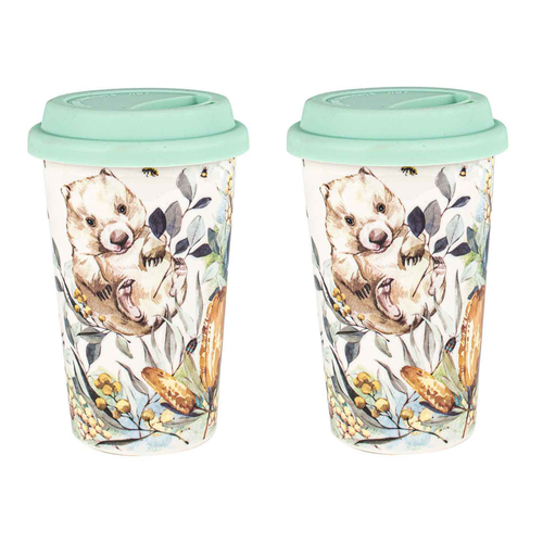 2PK Flora & Fauna Decorative Wombat Travel Mug Cup 290ml