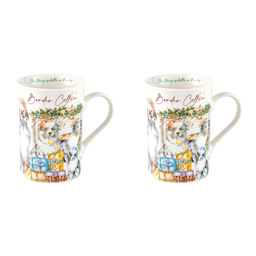 2PK Merry Muddy Paws Border Collie 360ml Coffee Mug New Bone China