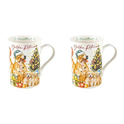 2PK Merry Muddy Paws Golden Retriever 360ml Coffee Mug New Bone China