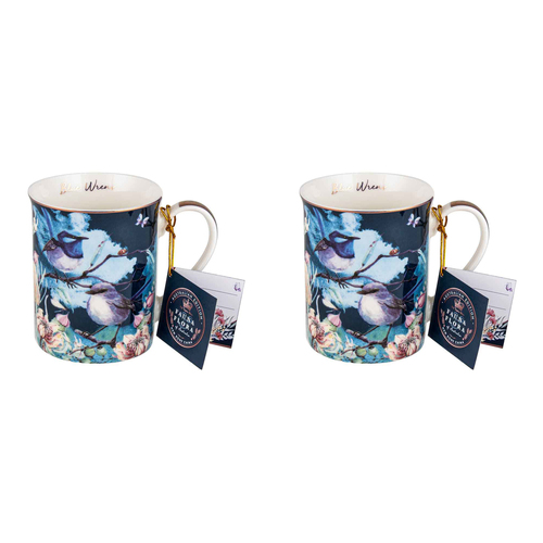 2PK Australian Flora Blue Wren 360ml Coffee Mug New Bone China