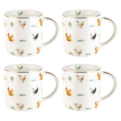 4PK LMD Chickens Farm Lane New Bone China Coffee Mug 360ml - White