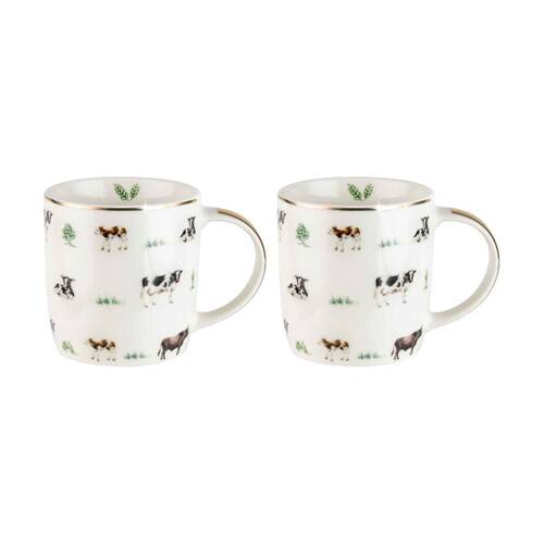 2PK LMD Cows Farm Lane New Bone China Coffee Mug 360ml - White