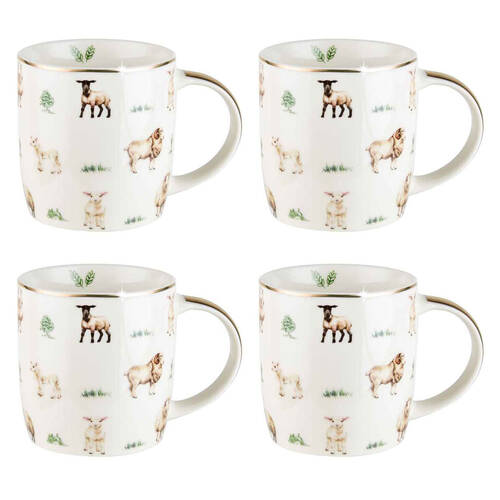 4PK LMD Sheep Farm Lane New Bone China Coffee Mug 360ml - White