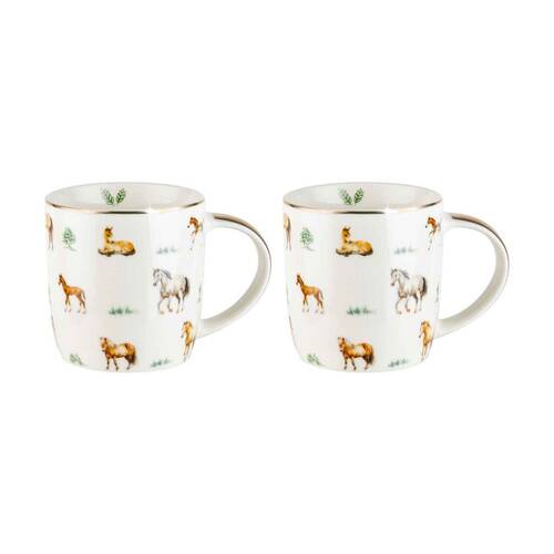 2PK LMD Horses Farm Lane New Bone China Coffee Mug 360ml - White
