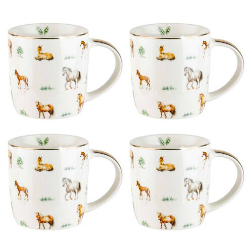 4PK LMD Horses Farm Lane New Bone China Coffee Mug 360ml - White