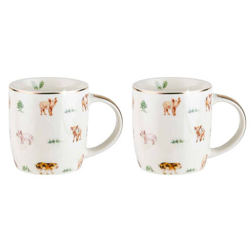 2PK LMD Pigs Farm Lane New Bone China Coffee Mug 360ml - White
