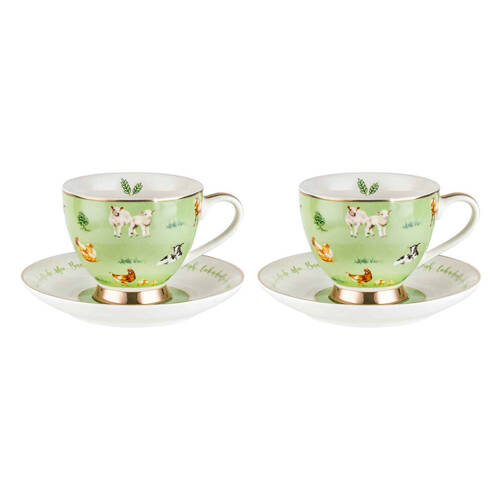 2x 2pc LMD Farm Lane New Bone China Tea Cup & Saucer 200ml Set - Green