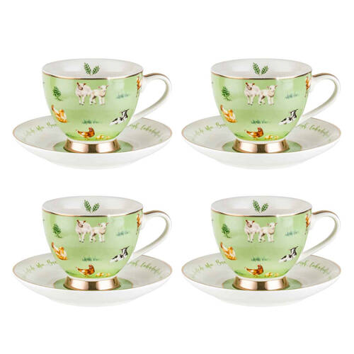 4x 2pc LMD Farm Lane New Bone China Tea Cup & Saucer 200ml Set - Green
