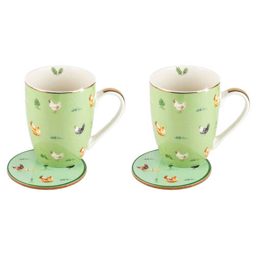 2PK LMD Chickens Farm Lane New Bone China Coffee Mug w/ Coaster 360ml - Green