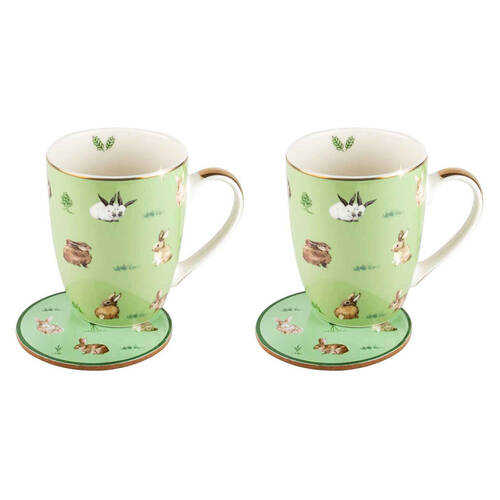 2PK LMD Bunnies Farm Lane New Bone China Coffee Mug w/ Coaster 360ml - Green