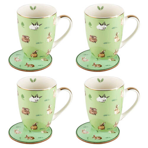4PK LMD Bunnies Farm Lane New Bone China Coffee Mug w/ Coaster 360ml - Green