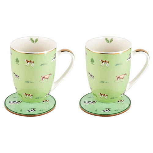 2PK LMD Cows Farm Lane New Bone China Coffee Mug w/ Coaster 360ml - Green