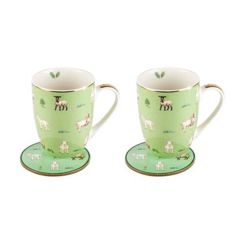 2PK LMD Sheep Farm Lane New Bone China Coffee Mug w/ Coaster 360ml - Green