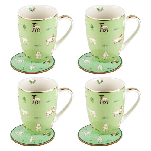4PK LMD Sheep Farm Lane New Bone China Coffee Mug w/ Coaster 360ml - Green