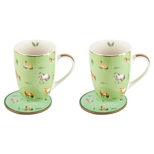 2PK LMD Horses Farm Lane New Bone China Coffee Mug w/ Coaster 360ml - Green