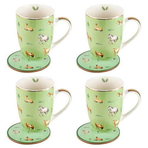 4PK LMD Horses Farm Lane New Bone China Coffee Mug w/ Coaster 360ml - Green