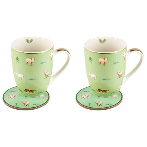 2PK LMD Pigs Farm Lane New Bone China Coffee Mug w/ Coaster 360ml - Green