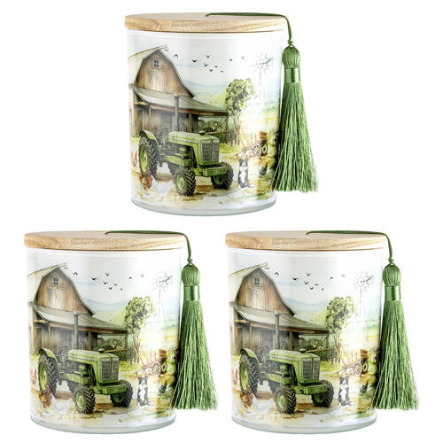 3PK LMD Country Life Glass Candle w/ Tassel/Lid Home Decor 300g - Green Truck