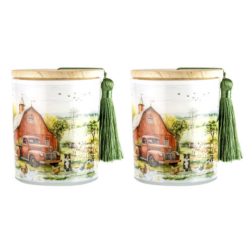 2PK LMD Country Life Glass 45hr Candle w/Tassel/Lid Home Decor 300g - Red Truck