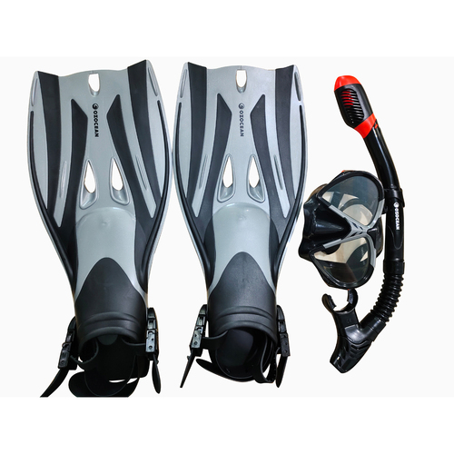 4pc Oz Ocean Rotto Adults S-M Swimming Mask & Snorkel Set - Grey/Black