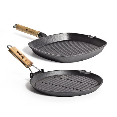Campfire 24cm Square & 27cm Round Cast Iron Frypan w/ Wood Handle Combo