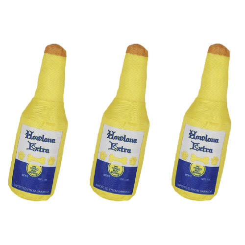 3PK Pro Pet Care Beer Bottle Stuffed Dog Plush Toy With Squeaker 29cm Assorted