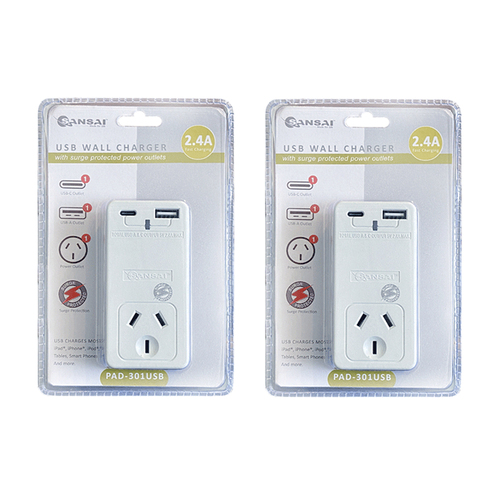 2x Sansai 2.4A USB Wall Socket Adaptor Charger w/USB-A/USB-C White