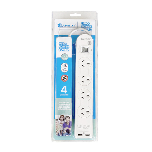 Sansai 4 Socket USB Powerboard w/USB-A/USB-C White