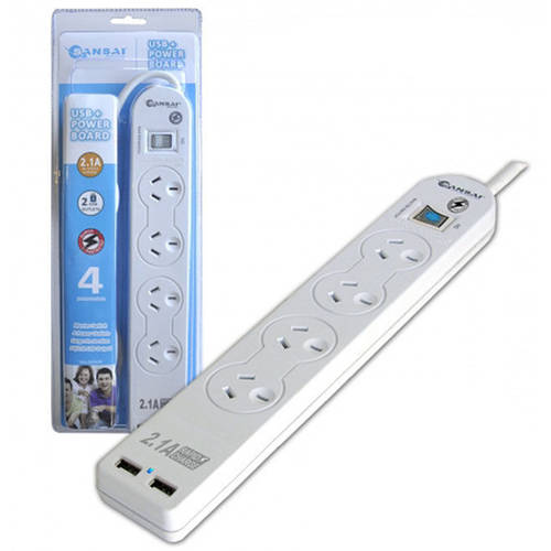 Sansai 4-Way Power Board w/ 2.1A USB Outlet
