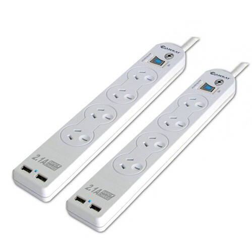 2PK Sansai 4-Way Power Board w/ 2.1A USB Outlet