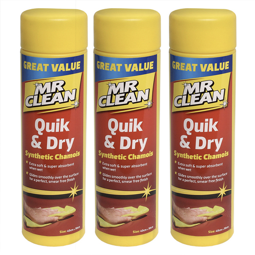 3PK Mr Clean Quik & Dry Synthetic Chamois Cloth 40 x 30cm