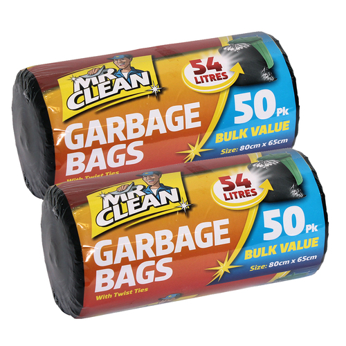 100pc Mr Clean Garbage Bags 54L 80x65cm Black