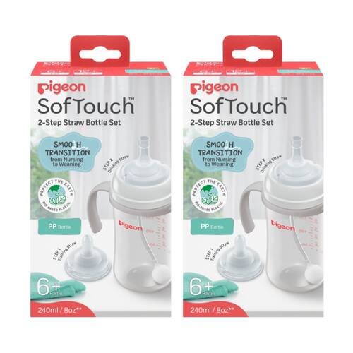 2PK Pigeon Softouch Step-Up Straw Baby Bottle Set 240ml PP Training 6m+